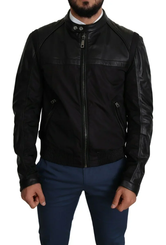 men's tailored wool coatElegant Black Bomber With Leather Accents