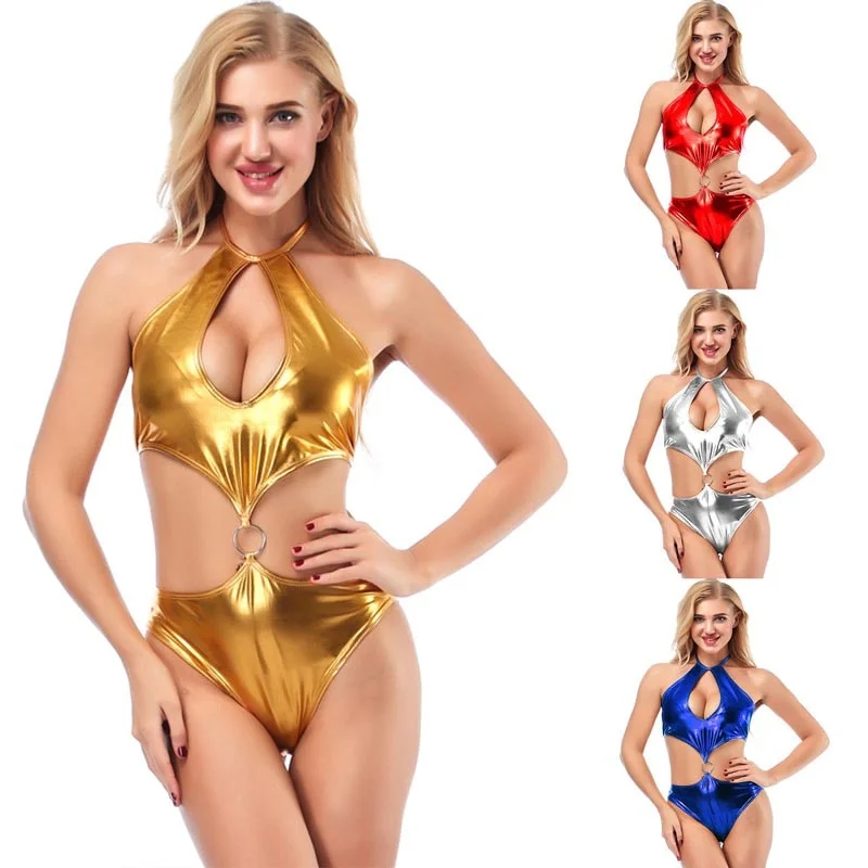 women's pajamas for ultimate relaxationSexy Women Shiny Metallic Leotard Bodysuit Cut Out Bust Strappy Thong Teddy Night Clubwear Pole Dance Wear Swimwear Costume