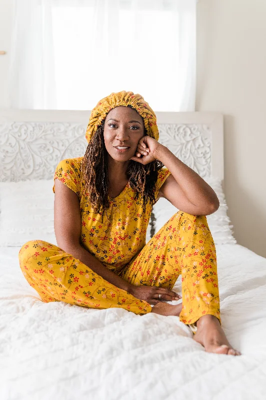 women's pajamas with a timeless appealYellow Floral - Bamboo Pajama Pants Set, With A Matching Satin-Lined Bonnet