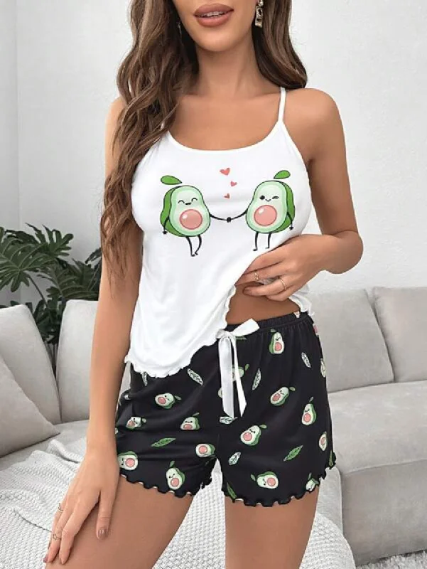 women's pajamas for the holidaysCartoon Graphic Lettuce Trim Bow Front Shorts Set