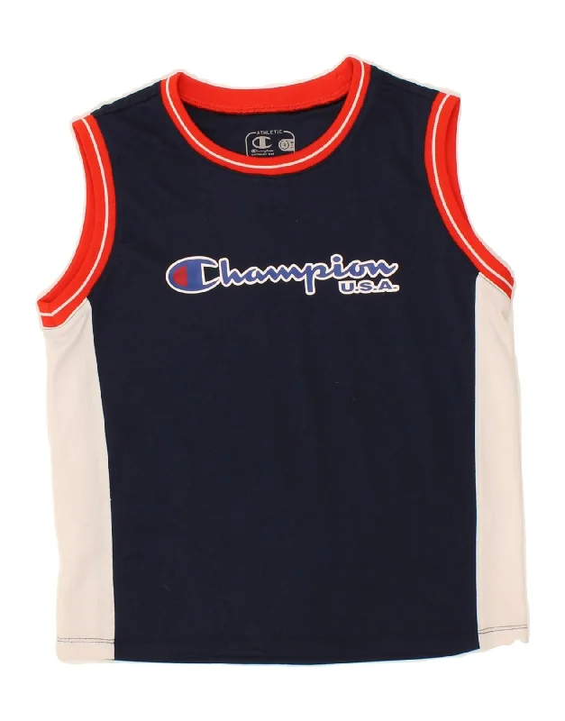 men's quilted winter jacketCHAMPION Boys Graphic Vest Top 7-8 Years Small Navy Blue Colourblock