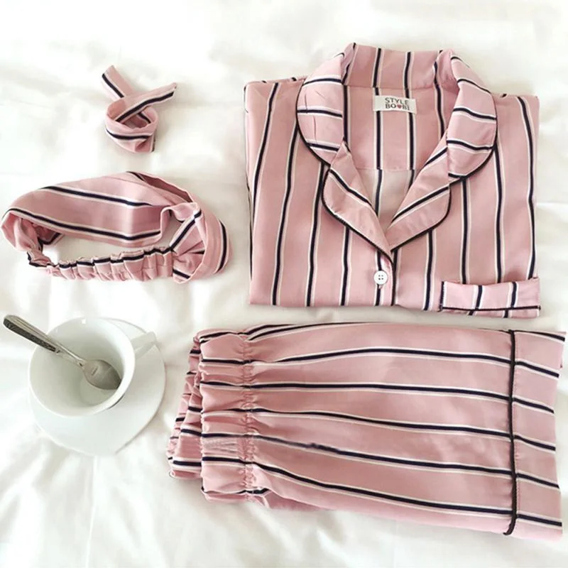 women's pajamas with moisture-wicking fabric3 Piece Set Shirt+Shorts Striped+Headdress Casual Pajama Set