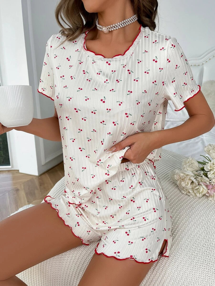 women's pajamas with lace trimCherry Print Lettuce Trim Tee And Shorts