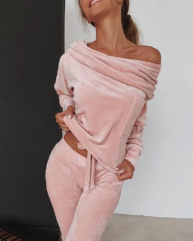 women's pajamas with a modern twistSweatshirt Women 2 Pieces Set Tracksuit Autumn One Shoulder Suit Pants Sportswear Suede Thick Lounge Suit