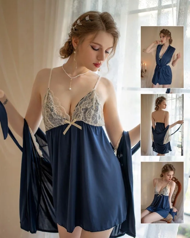 lace-embellished bralette setsElite Satin Silk Embraided Nighty with Gown