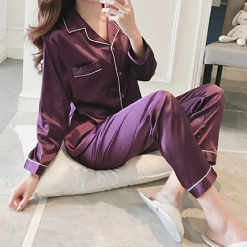 women's pajamas with button-flySilk Long Sleeve Pajamas Sets