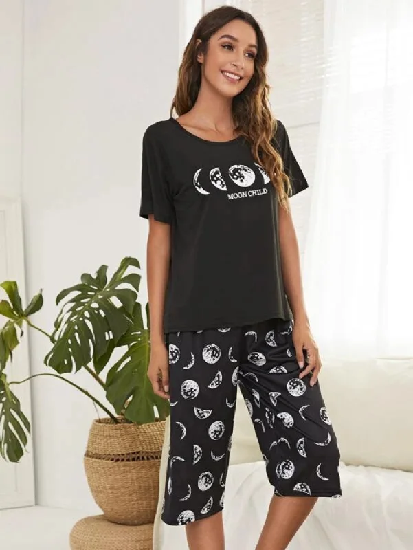 women's pajamas with pockets on legsLetter And Moon Print Top And Pants Set