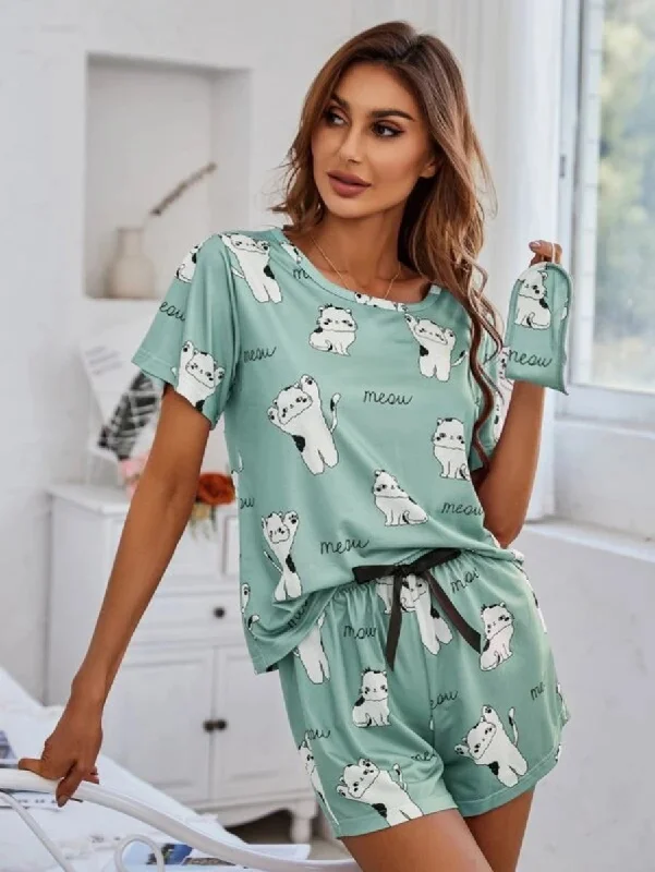 women's pajamas with adjustable waistbandsCartoon Graphic Top And Shorts Set