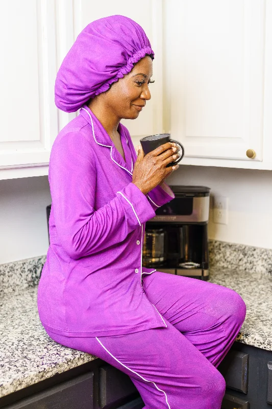 women's pajamas with pocketsPurple Passion - Bamboo Pajama Pants Set, With A Matching Satin-Lined Bonnet