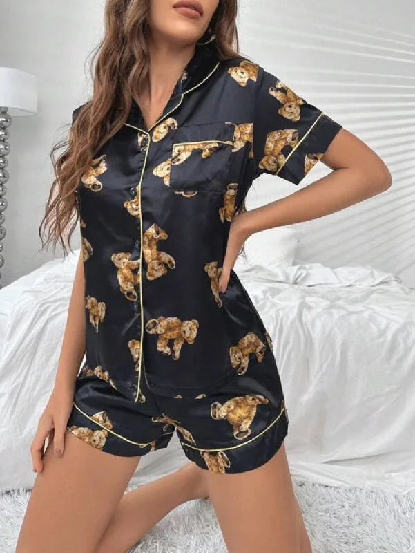 women's pajamas for gift-givingBear Print Contrast Piping Satin Set