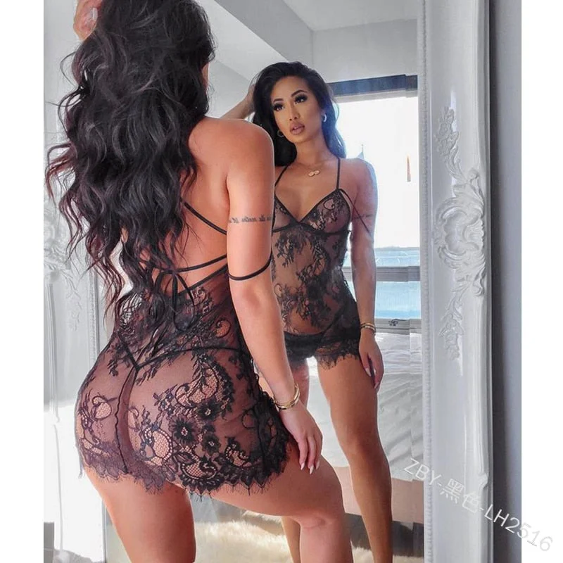 women's pajamas with built-in shortsSexy Women Lace Lingerie Set Perspective Halter Dress Thong Set Solid Color Bandage Exotic Underwear Ladies Sleepwear Nightdress