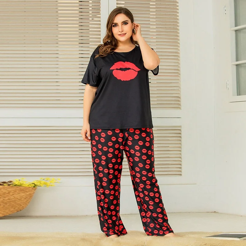 women's pajamas for campingPlus Size Pajama Sets Women Summer Sleepwear Cotton Cute Cartoon Short Sleeve Two Piece Set Homewear Sexy Pjs Lounge Nightwear