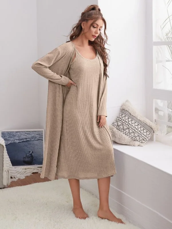 women's pajamas with a comfortable fitRib Knit Cami Dress And Robe Lounge Set