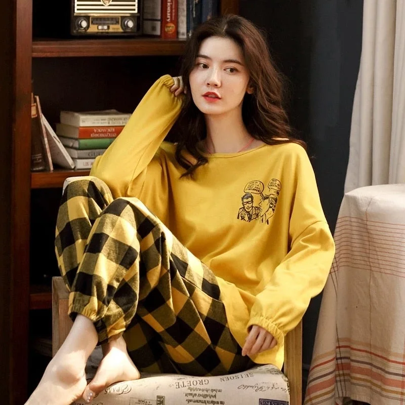 affordable women's pajama setsWomen Cotton Pajamas Set Cute Cartoon Homewear Home Clothes Lounge Wear Autumn Long Sleeve Female Sleepwear