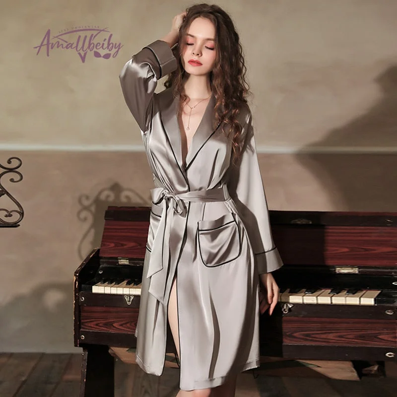 plus-size women's pajama pantsSilk Robes for Women Sleepwear Kimono Bathrobe Female Intimate Lingerie Home Wear Deep V Sexy Bridesmaid Robe Dropshipping