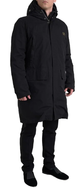 men's casual blazer with pocketsElegant Black Hooded Trench Coat