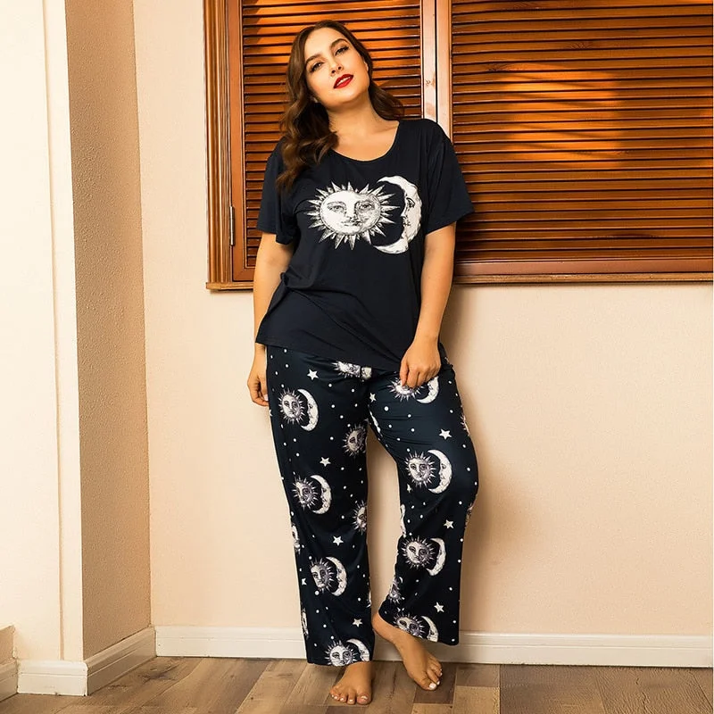 women's pajama sets with matching robesPlus Size Pajama Sets Women Summer Sleepwear Cotton Cute Sun Moon Short Sleeve Two Piece Set Homewear Sexy Pjs Lounge Nightwear