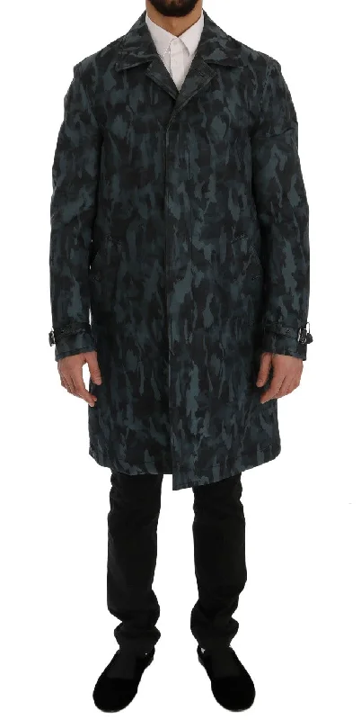 men's shearling coat for extreme coldBlue Camouflage Trench Coat Elegance