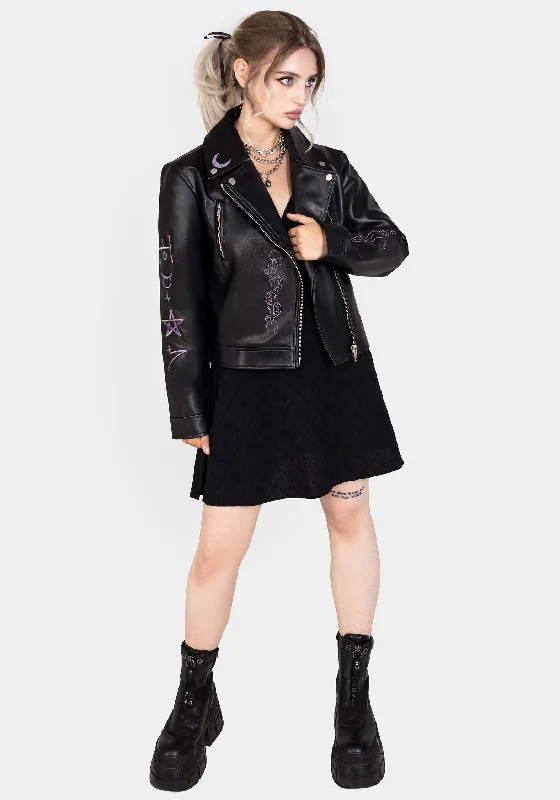 Women's Coats with Fur Trimmed HoodSigil Embroidered Faux Leather Jacket