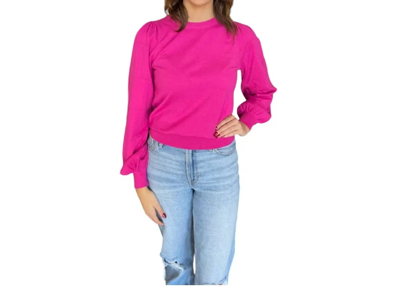 Women's Notched Collar SweatersPointelle Puff Sleeve Sweater In Pink