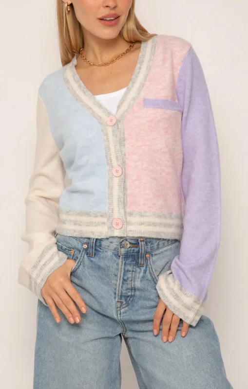 Women's Lapel Collar SweatersMaia Varsity Colorblock Cardigan In Multi Color Pastel