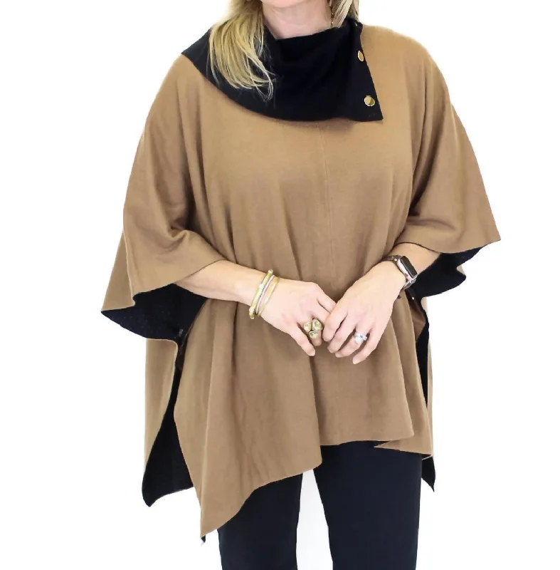 Women's Acrylic SweatersGold Button Poncho In Black/tan