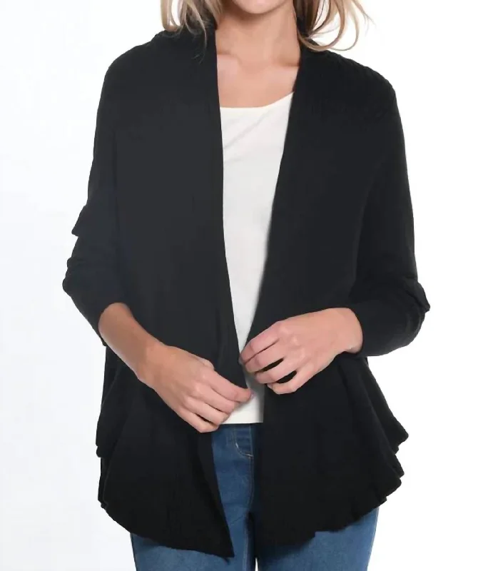 Women's Albanian Wool SweatersRuffle Hem Sweater Cardigan In Black