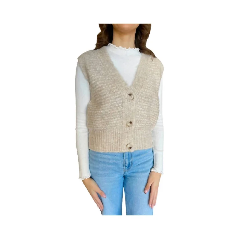 Women's High Collar SweatersButton Front Sweater Vest In Beige