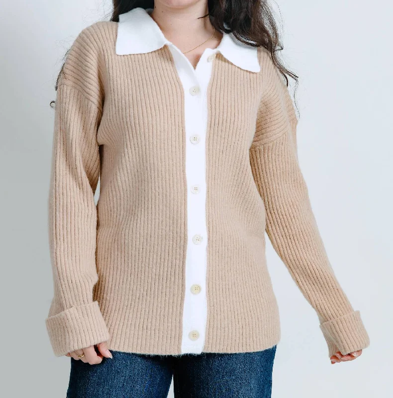 Women's V-Shaped Collar SweatersContrast Two Tone Ribbed Cardigan In Cream/beige