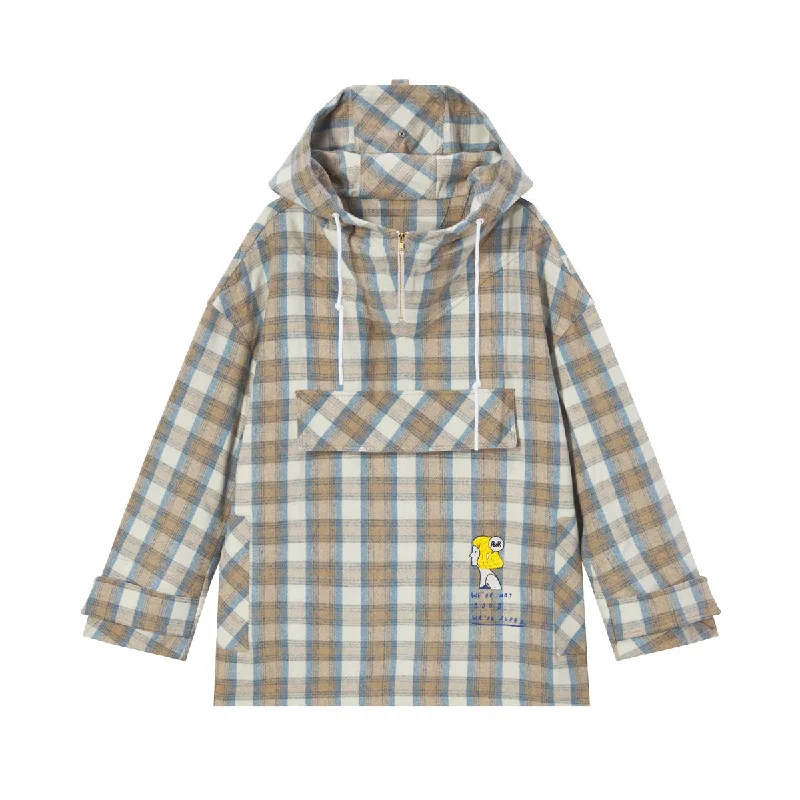 Women's Coats with Fur Trimmed SleevesGrey and Blue Checked Pile Shirt Coat