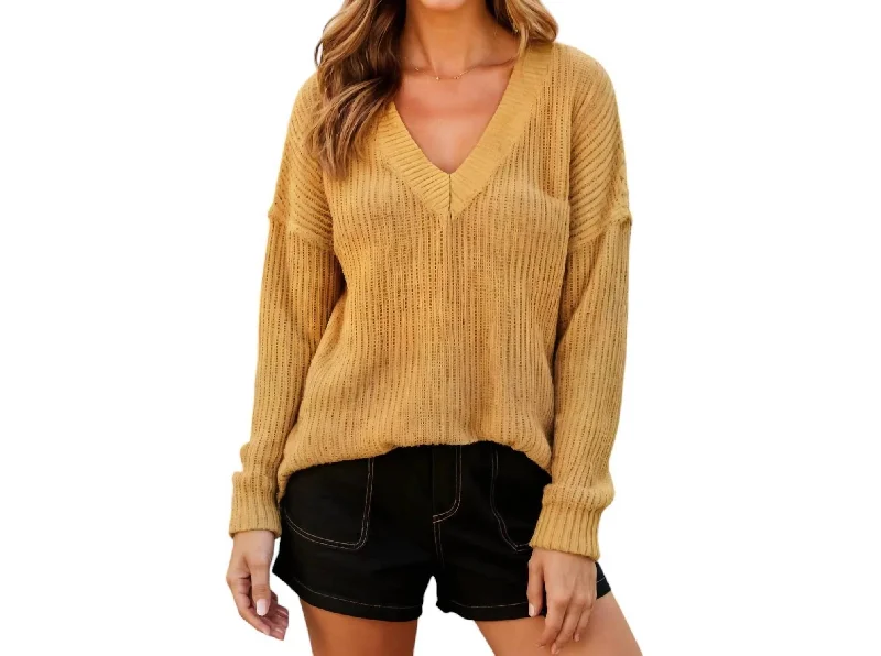 Women's Long Length SweatersOversized V-Neck Knit Sweater With Ribbed Details In Brown