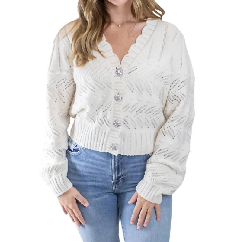 Women's Keyhole Collar SweatersMimi Scalloped Cardigan In Cream