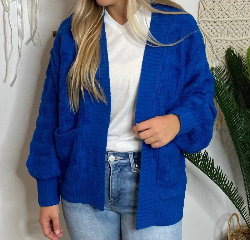 Women's Icelandic Wool SweatersFluffy Checker Cardigan In Cobalt