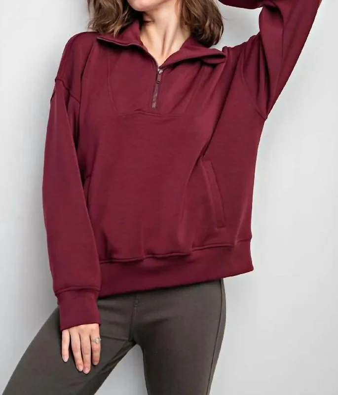 Women's High Collar SweatersQuarter Zip Pullover Sweater In Wine