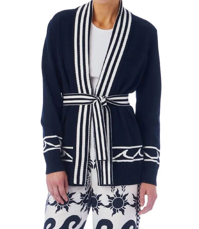 Women's Azerbaijani Wool SweatersCap Boyfriend Cardigan In Navy & White