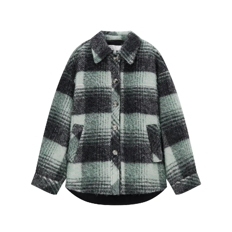 Women's Coats with Fur TrimmedSeaweed Brushed Plaid Coat