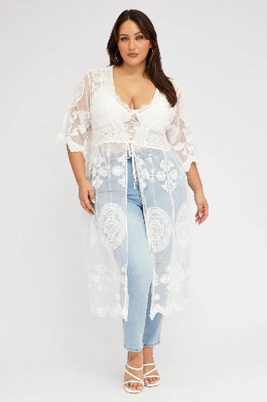 Women's Anorak CoatsWhite Lace Mesh Kimono