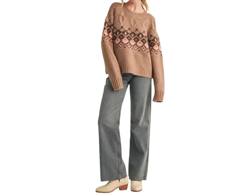 Women's Polish Wool SweatersCable Knit Fair Isle Sweater In Brown