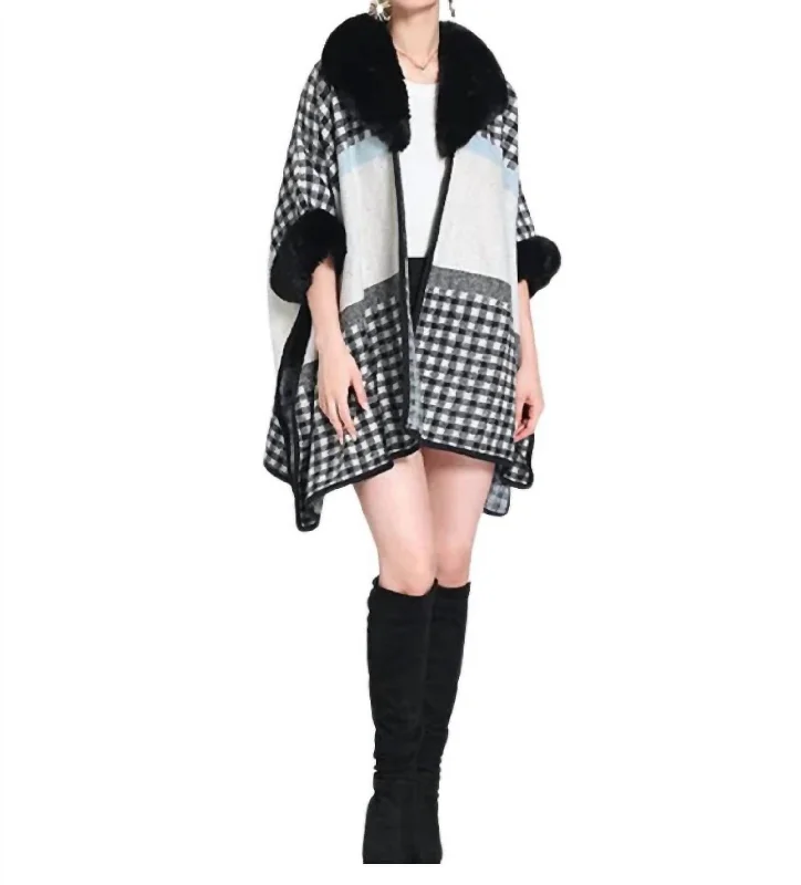 Women's Sweetheart Collar SweatersPlaid Faux Fur Trim Poncho In Black/white