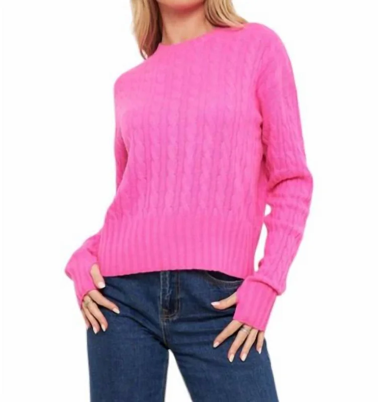 Women's Rounded Hem SweatersCable Knit Crew Sweater In Fuschia