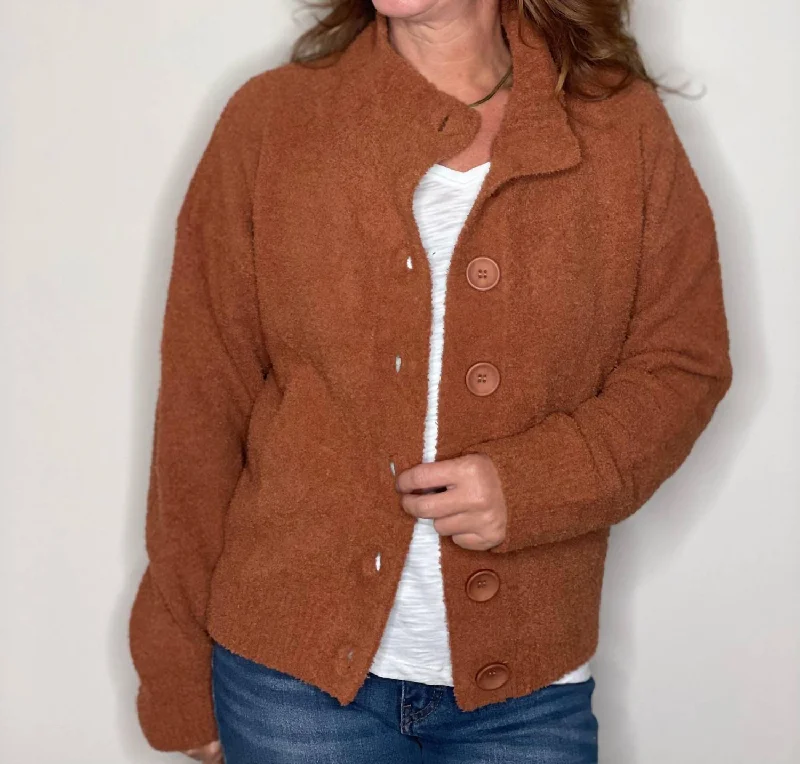 Women's Polish Wool SweatersPlush Button Jacket In Terracotta