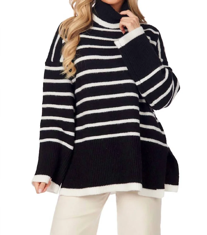 Women's Notched Collar SweatersDunn Striped Sweater In Black