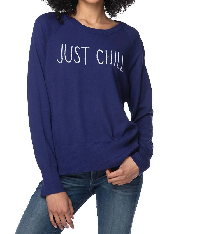 Women's Collarless Design SweatersJust Chill Embroidered Sweater In Blue