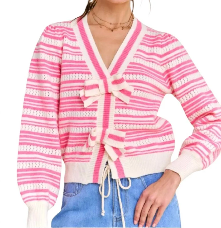 Women's Guernsey SweatersStripe Knit Cardigan In Pink