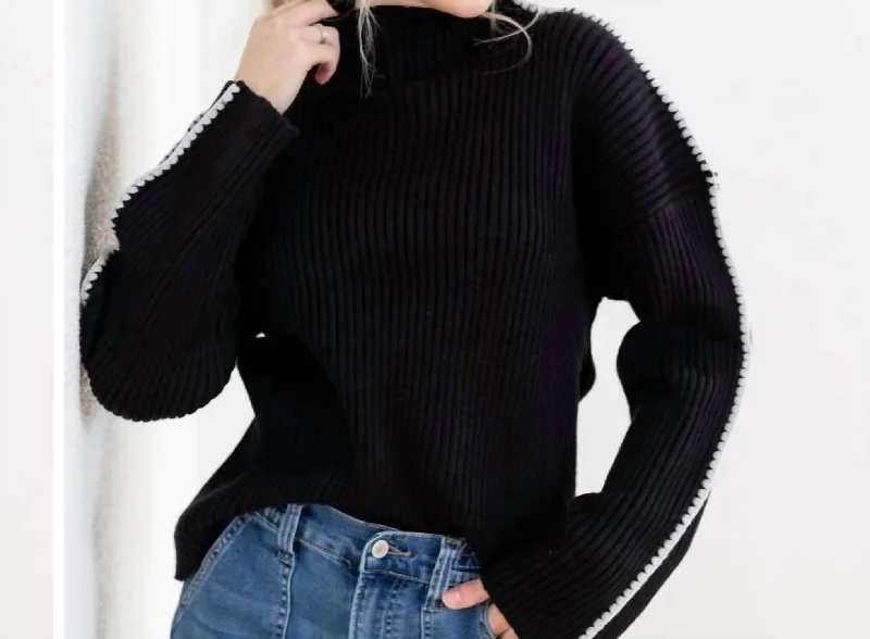 Women's Turkish Wool SweatersStitch Mock Neck Sweater In Black