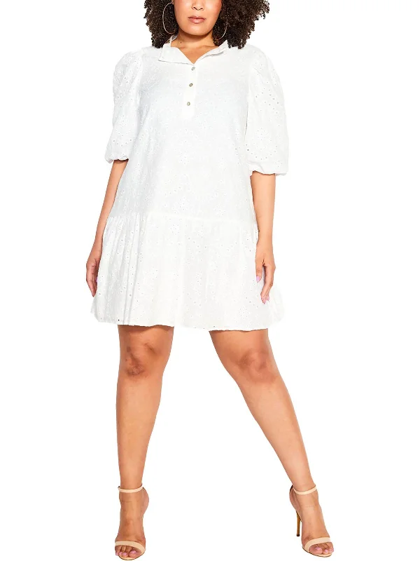 Women's Shawl Collar DressesPlus Elysia Womens Eyelet Above Knee Shirtdress