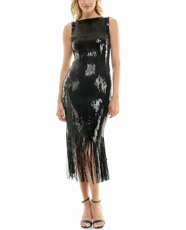 Women's Bell-Sleeve DressesScarlett Sequin Fringed Sheath Dress In Very Black