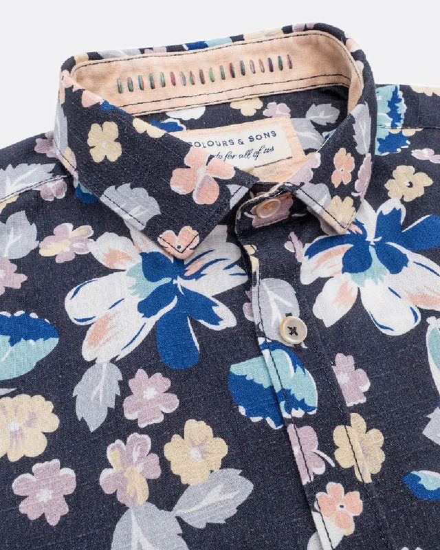 two-tone men's dress shirts for a bold statementCotton Shirt - Multicolour Flowers - Blue