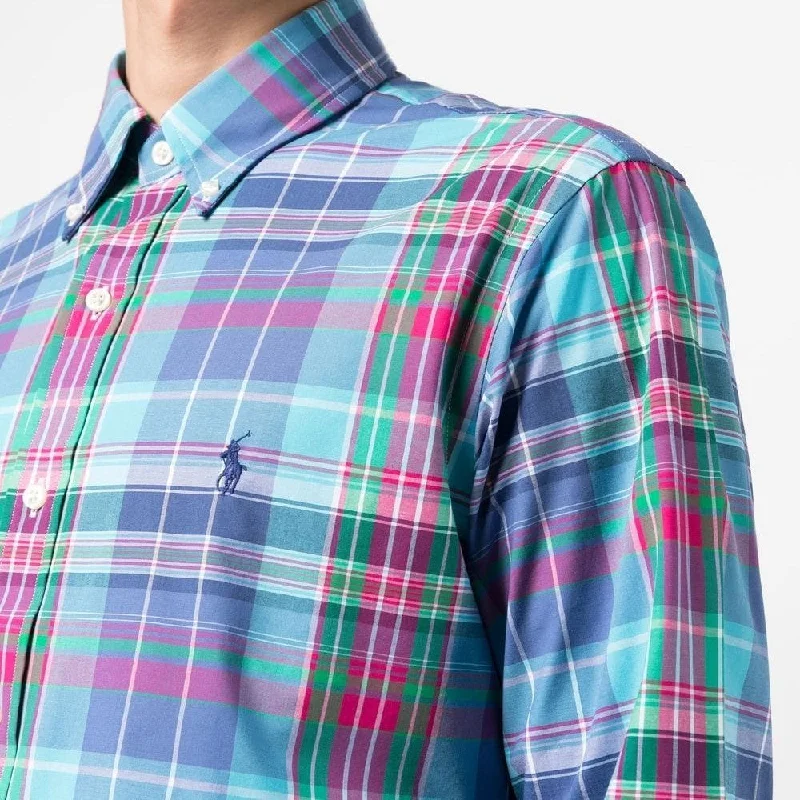 breathable men's casual shirts for hot weatherPoplin Stretch Custom Fit Shirt - Check - Turquoise/Pink Multi