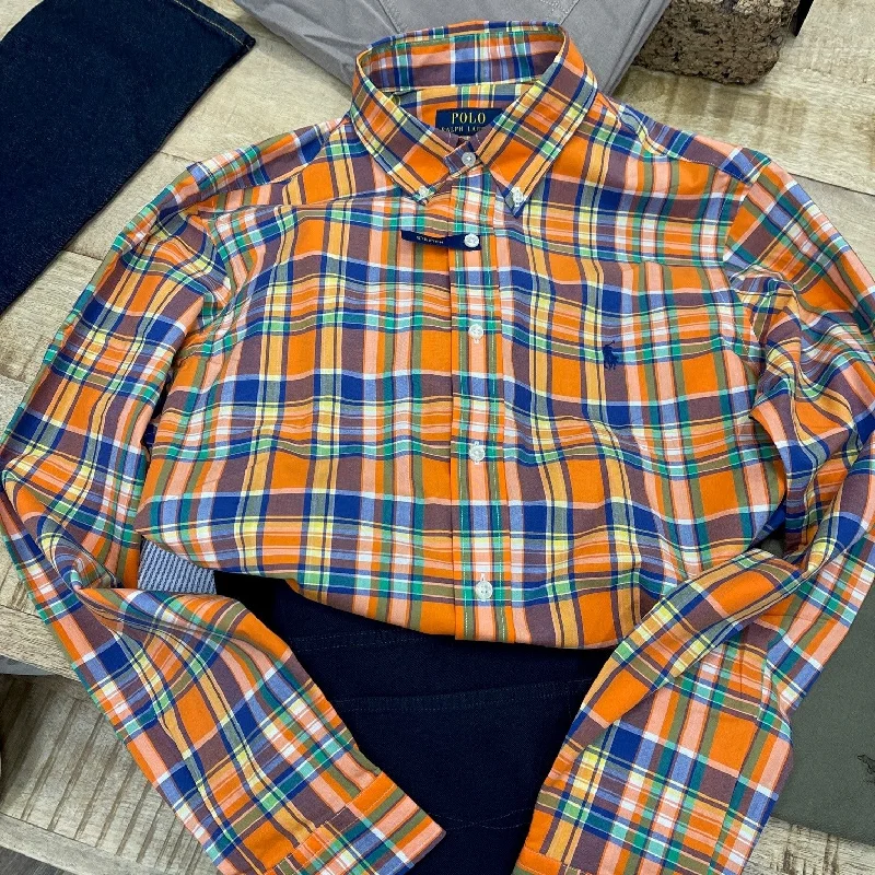 quick-dry men's shirts for outdoor activitiesPoplin Stretch Custom Fit Shirt - Check - Orange/Navy Multi